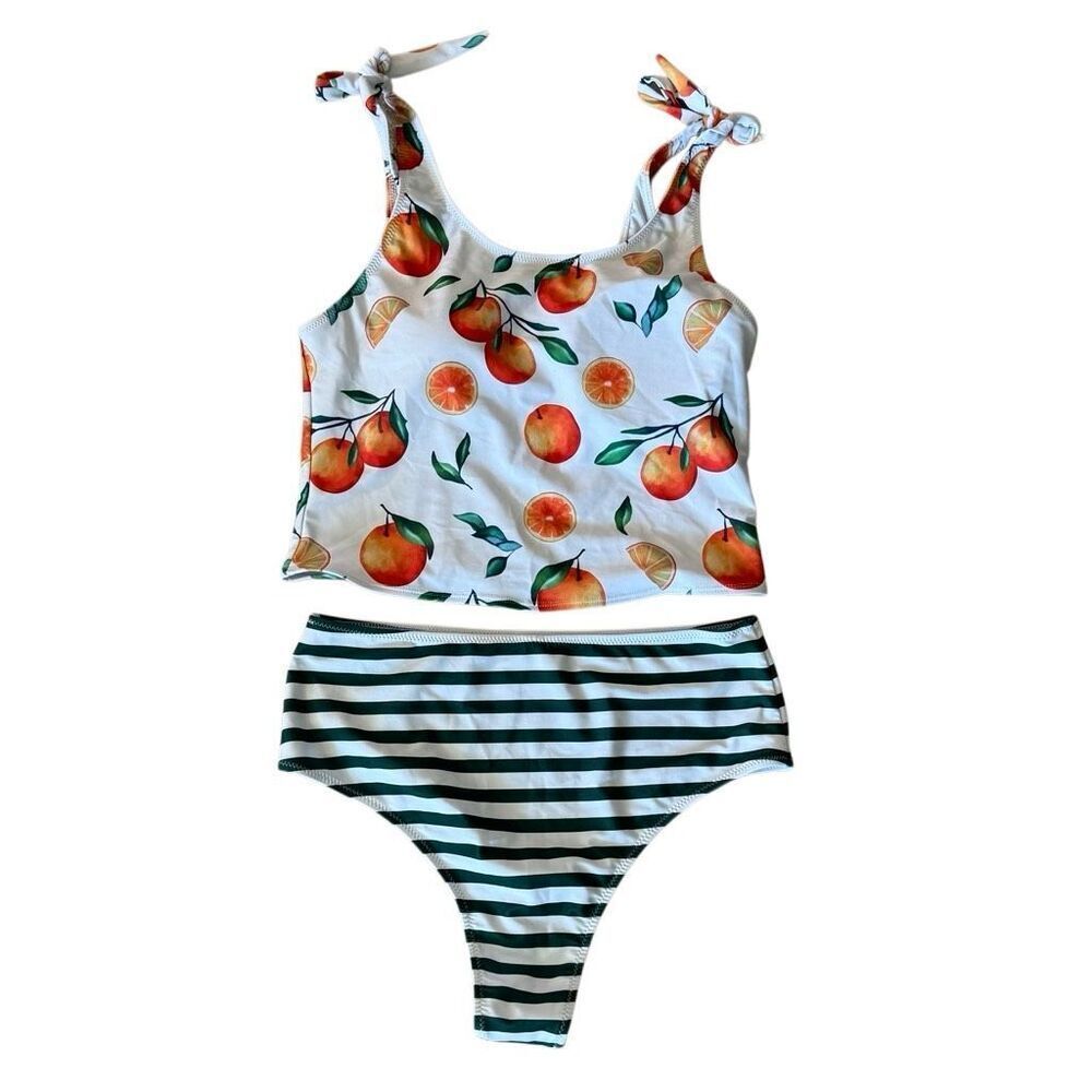 Beachsissi Oranges & Green Stripes High Waisted Tankini Set XL